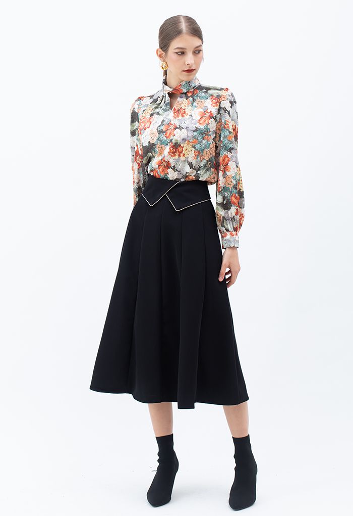 Crystal Flap Seam Detailing Midi Skirt in Black