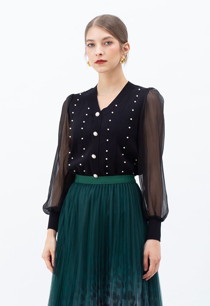 Sheer Sleeve Pearly Buttoned Knit Top in Black