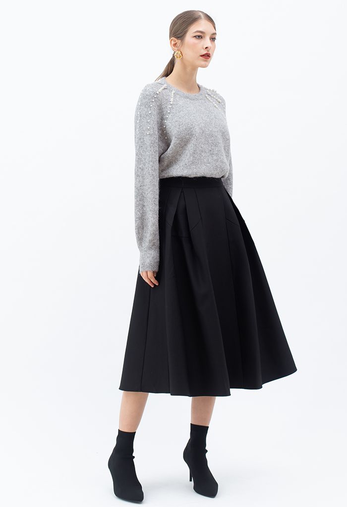 Functional A-Line Pleated Midi Skirt in Black - Retro, Indie and Unique ...