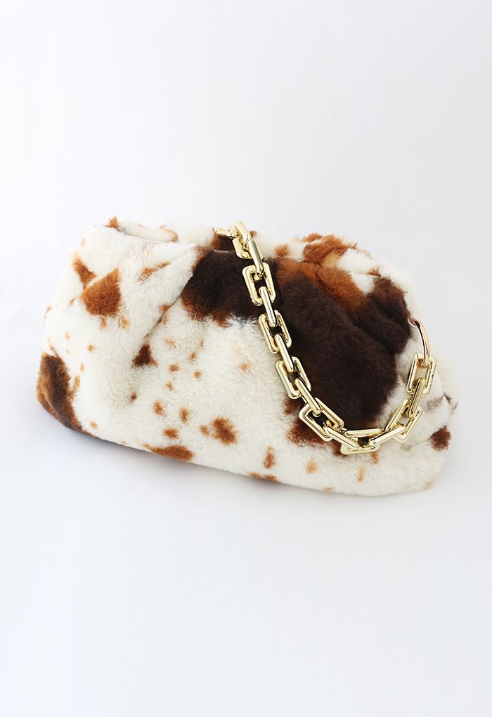 Faux Fur Printed Shoulder Bag with Chain