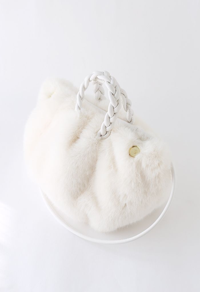 Braided Faux Fur Crossbody Bag in White