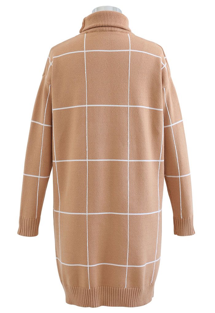 Warm Welcome Grid Turtleneck Sweater Dress in Tan