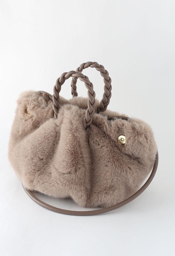 Braided Faux Fur Crossbody Bag in Taupe