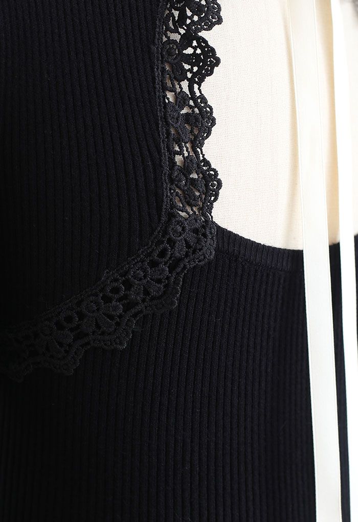 Cutout Tie Back Ribbed Knit Midi Dress in Black