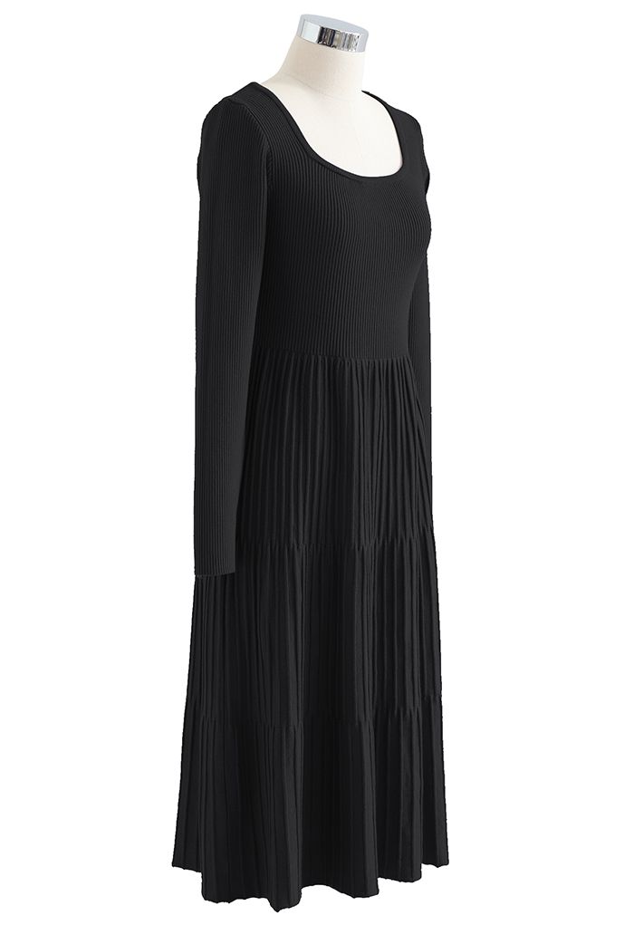 Cutout Tie Back Ribbed Knit Midi Dress in Black
