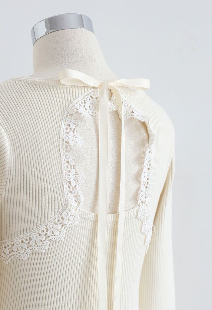 Cutout Tie Back Ribbed Knit Midi Dress in Cream