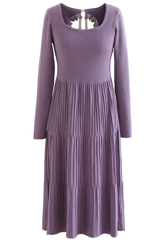 Cutout Tie Back Ribbed Knit Midi Dress in Purple
