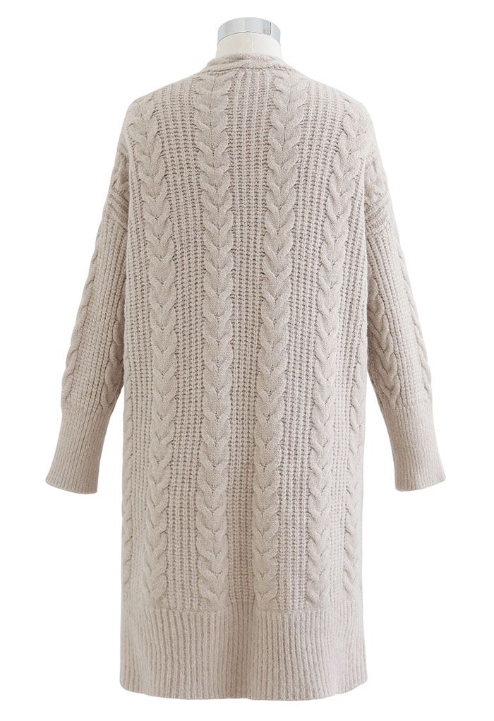 Cable Knit Open Front Longline Cardigan in Linen