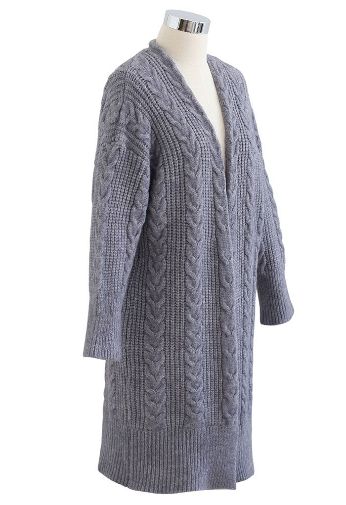 Cable Knit Open Front Longline Cardigan in Smoke