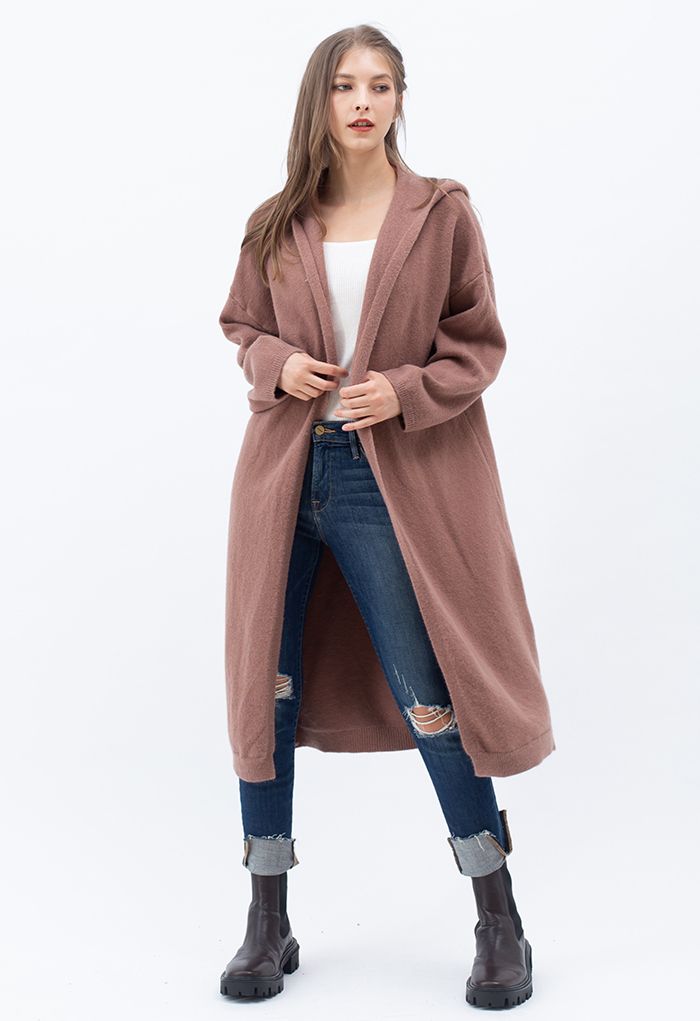 Open Front Longline Cardigan with Hood in Brown