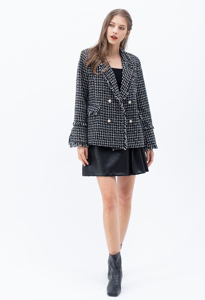 Tassel Edge Check Tweed Blazer in Black - Retro, Indie and Unique Fashion