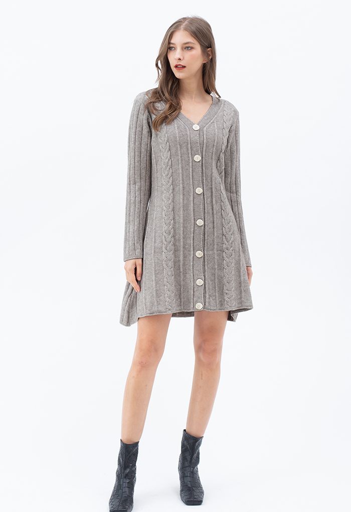 V-Neck Button Down Mini Knit Dress in Linen