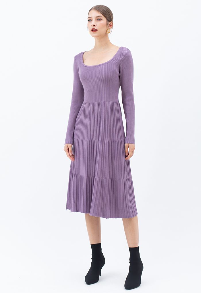Cutout Tie Back Ribbed Knit Midi Dress in Purple