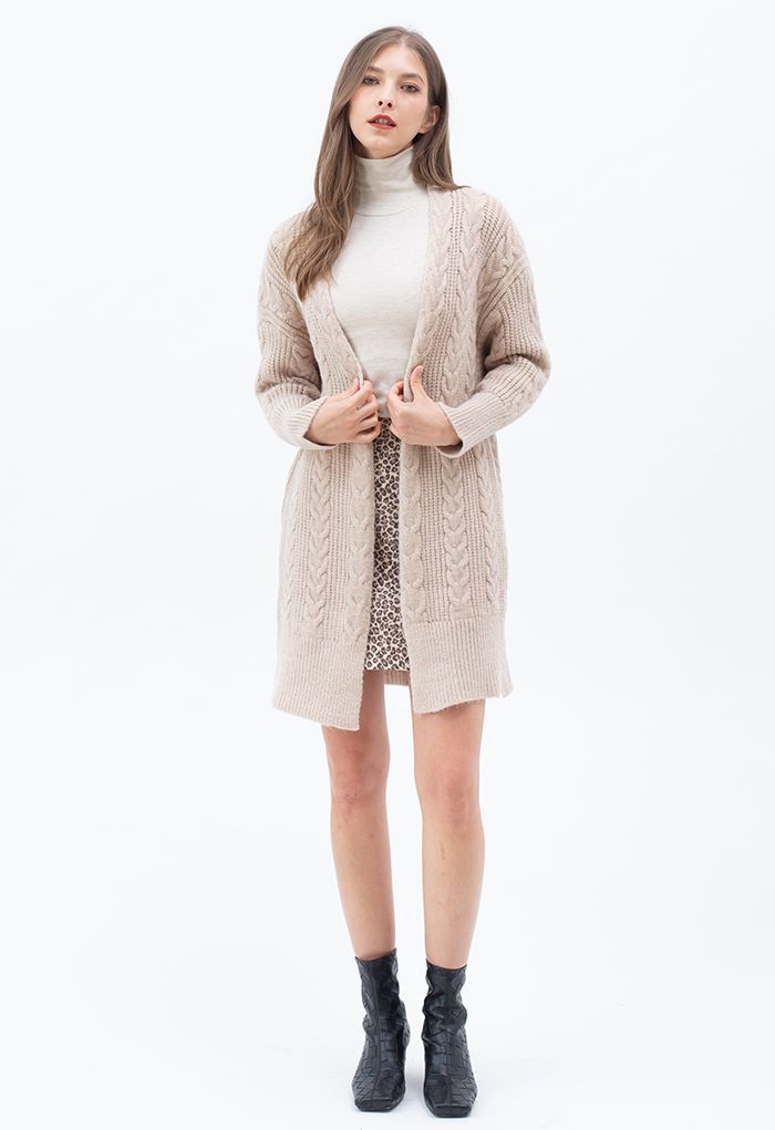Cable Knit Open Front Longline Cardigan in Linen