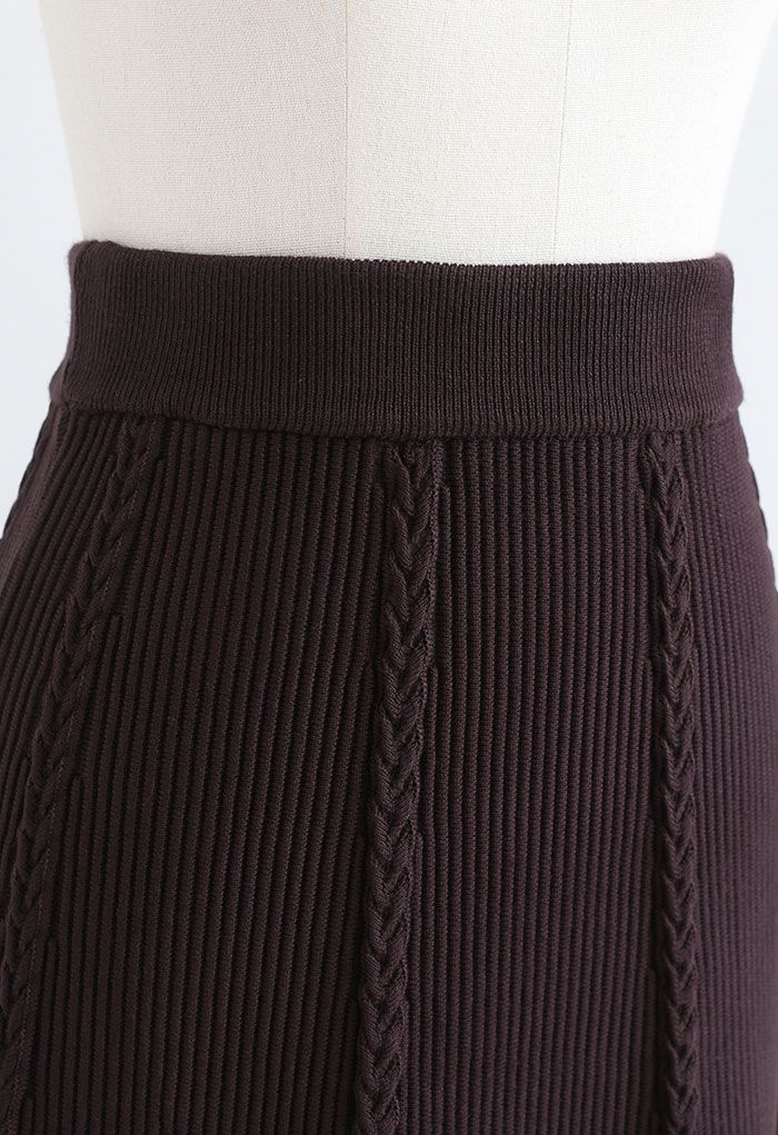 Braid Texture A-Line Knit Midi Skirt in Caramel