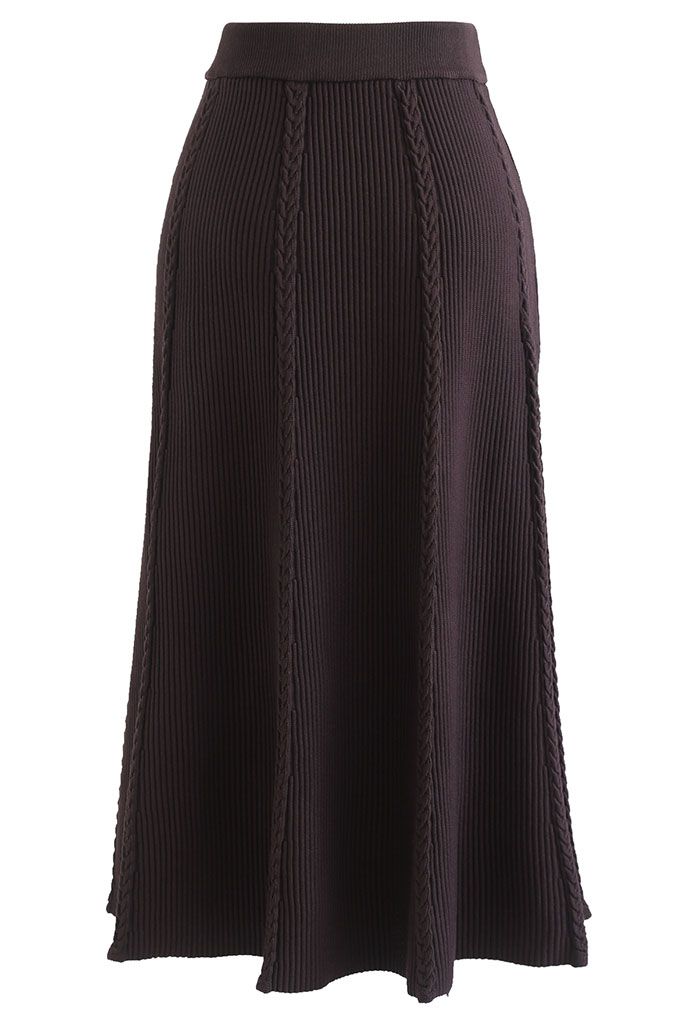 Braid Texture A-Line Knit Midi Skirt in Caramel