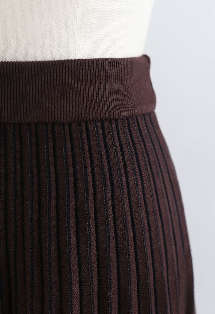 Tasseled Hem Contrast Blocked Pleated Knit Midi Skirt in Brown - Retro ...