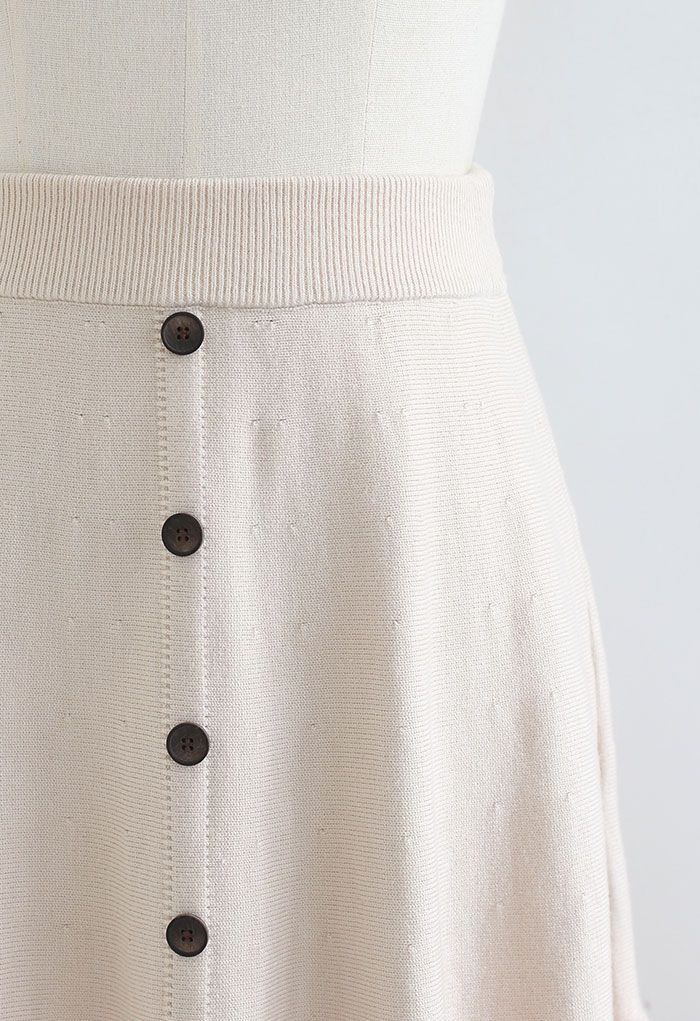 Frill Hem Button Decorated Knit Midi Skirt in Cream