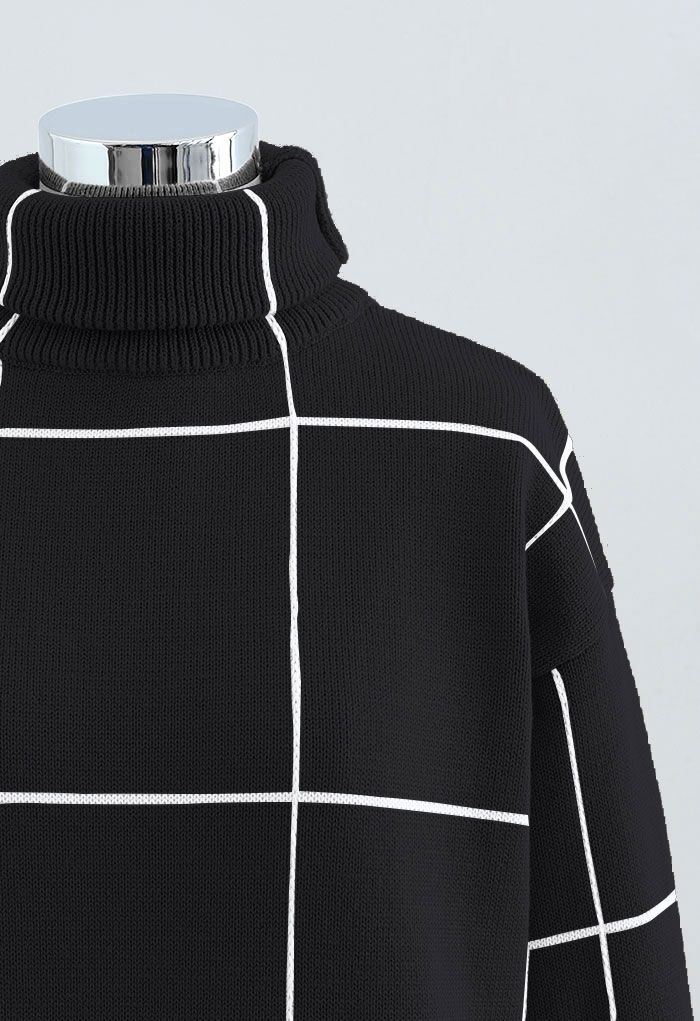 Warm Welcome Grid Turtleneck Sweater Dress in Black