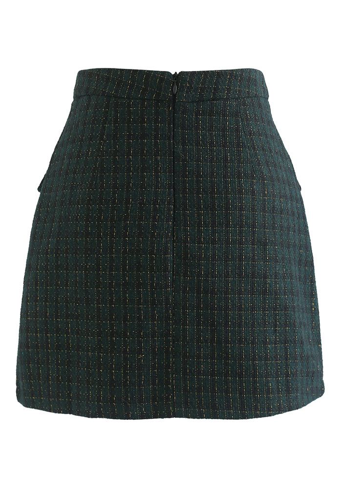 Gingham Pattern Shimmer Tweed Mini Skirt in Green
