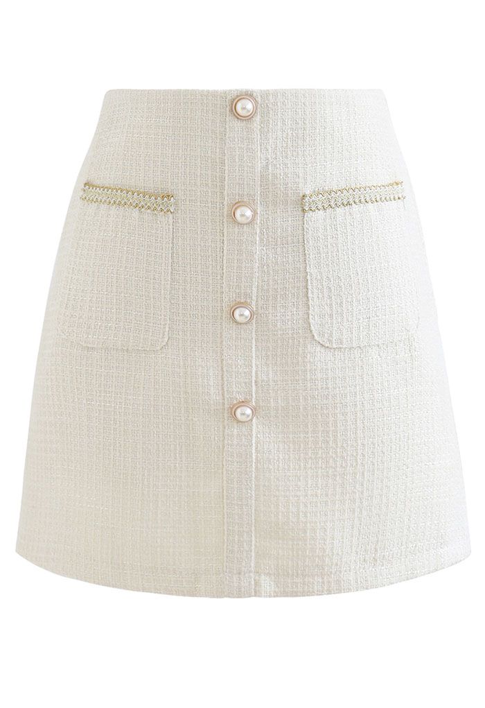 Button and Pocket Decorated Tweed Mini Skirt in Ivory