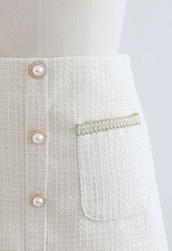 Button and Pocket Decorated Tweed Mini Skirt in Ivory