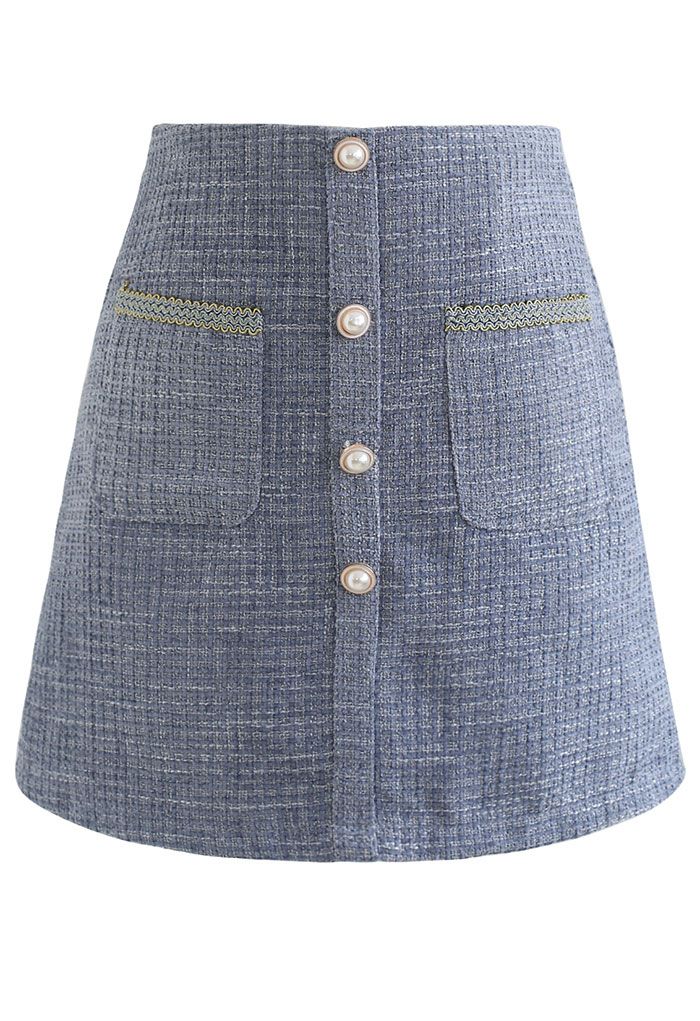 Button and Pocket Decorated Tweed Mini Skirt in Blue