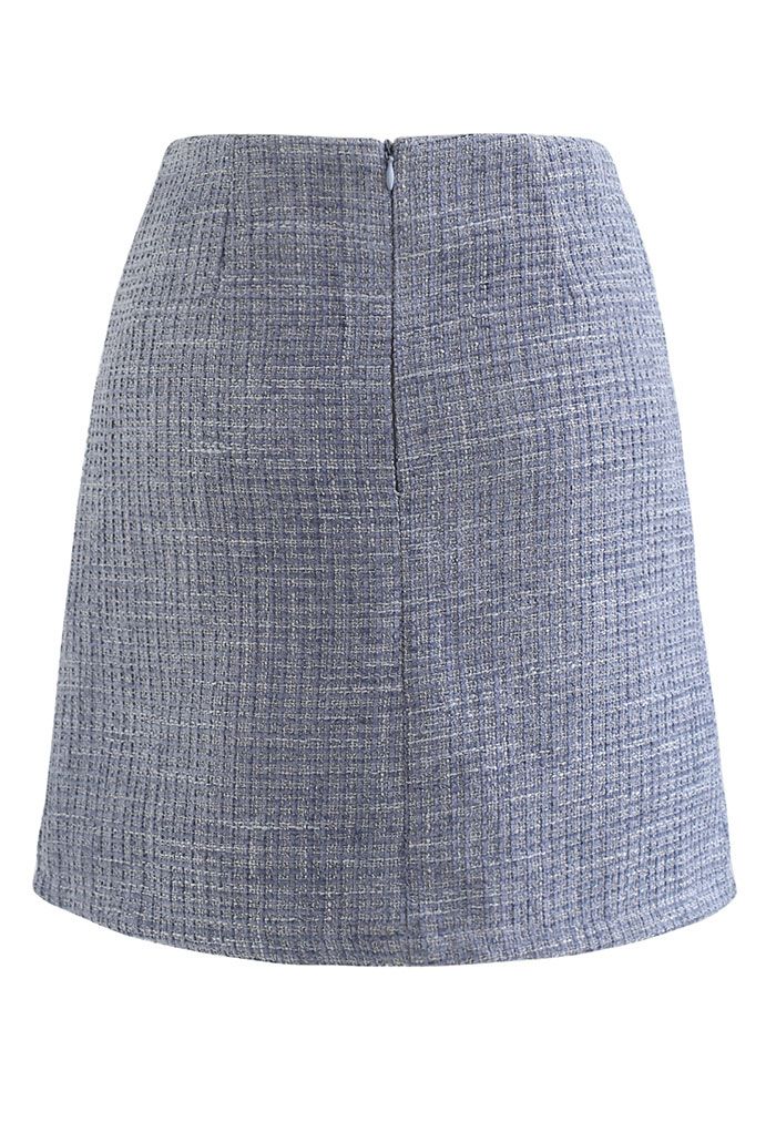 Button and Pocket Decorated Tweed Mini Skirt in Blue