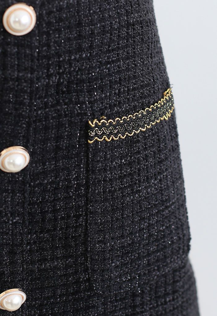 Button and Pocket Decorated Tweed Mini Skirt in Black
