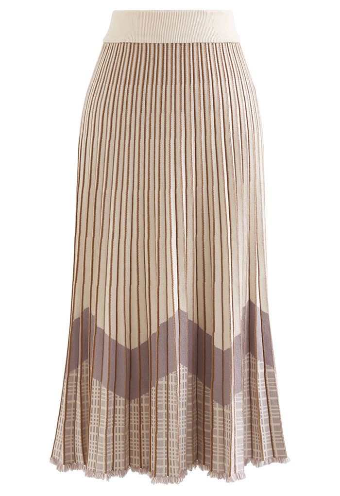 Tasseled Hem Contrast Blocked Pleated Knit Midi Skirt in Cream