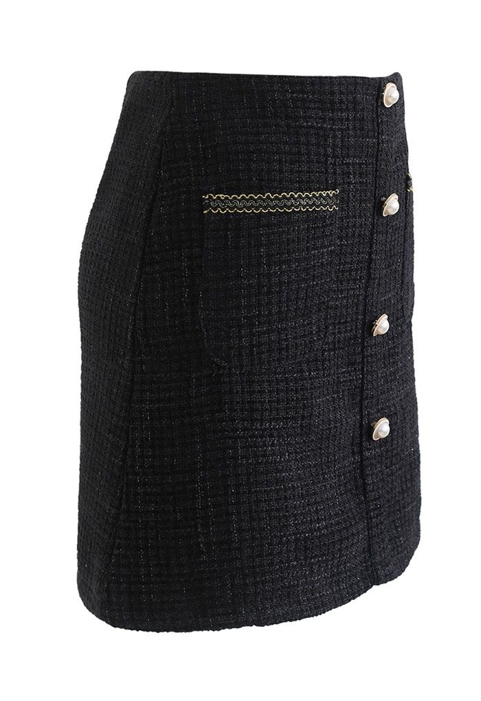 Button and Pocket Decorated Tweed Mini Skirt in Black