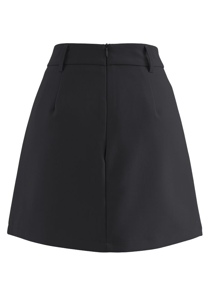 Flap Front Buttoned Waist Mini Skirt in Black