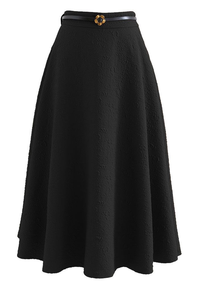 Belted Floret Embossed A-Line Midi Skirt in Black - Retro, Indie and ...