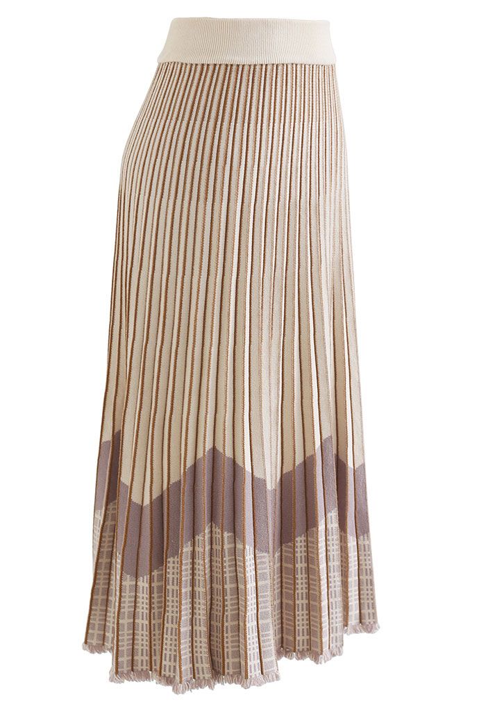 Tasseled Hem Contrast Blocked Pleated Knit Midi Skirt in Cream