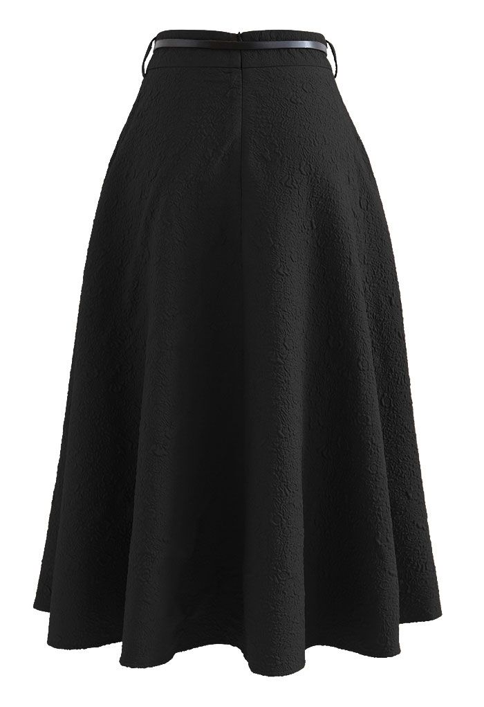 Belted Floret Embossed A-Line Midi Skirt in Black - Retro, Indie and ...