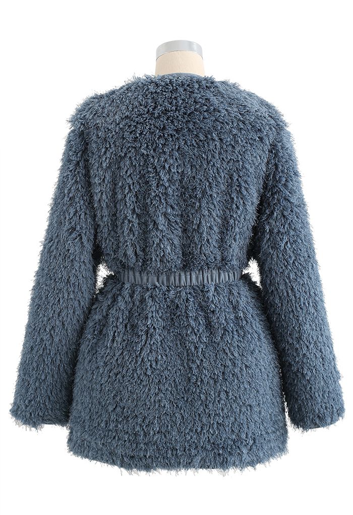 Collarless Fluffy Teddy Suede Coat in Teal