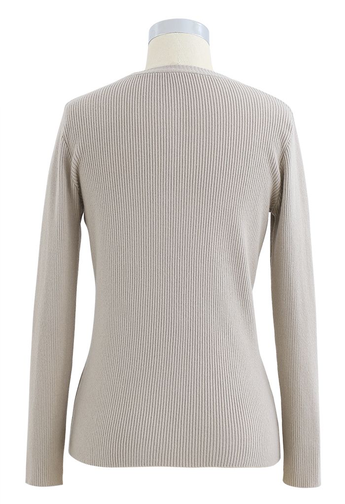 Zipper Up Ribbed Knit Top in Light Tan - Retro, Indie and Unique Fashion