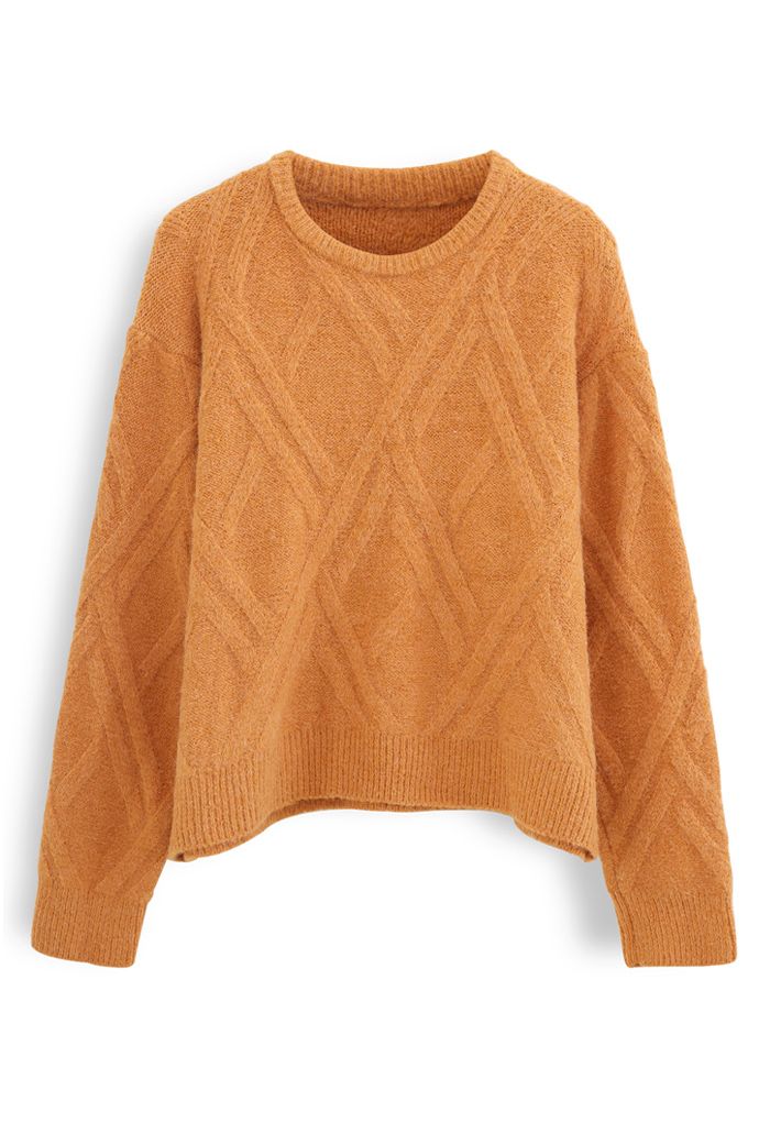 Crisscross Pattern Fuzzy Knit Sweater in Orange - Retro, Indie and ...