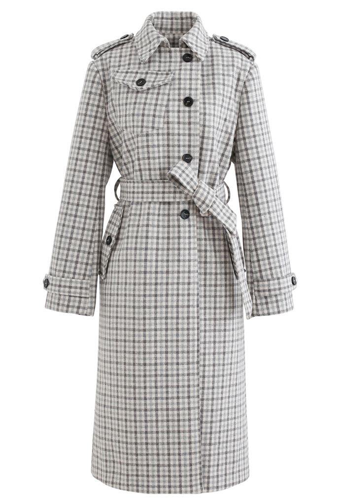 Wool-Blend Check Buttoned Longline Coat