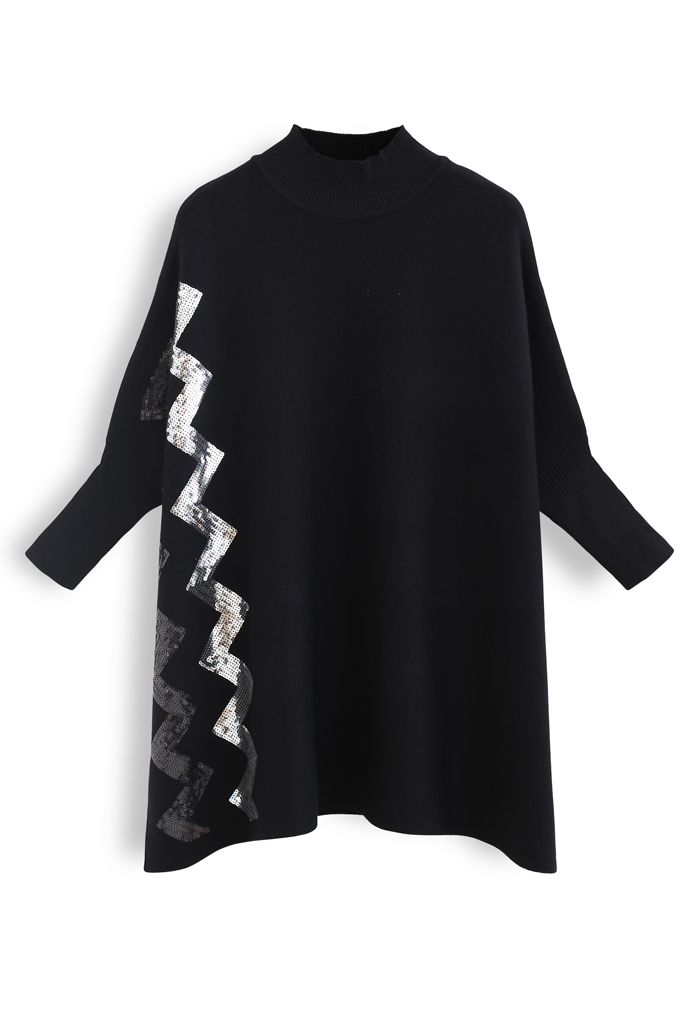 Zigzag Sequins Knit Cape Sweater in Black - Retro, Indie and Unique Fashion