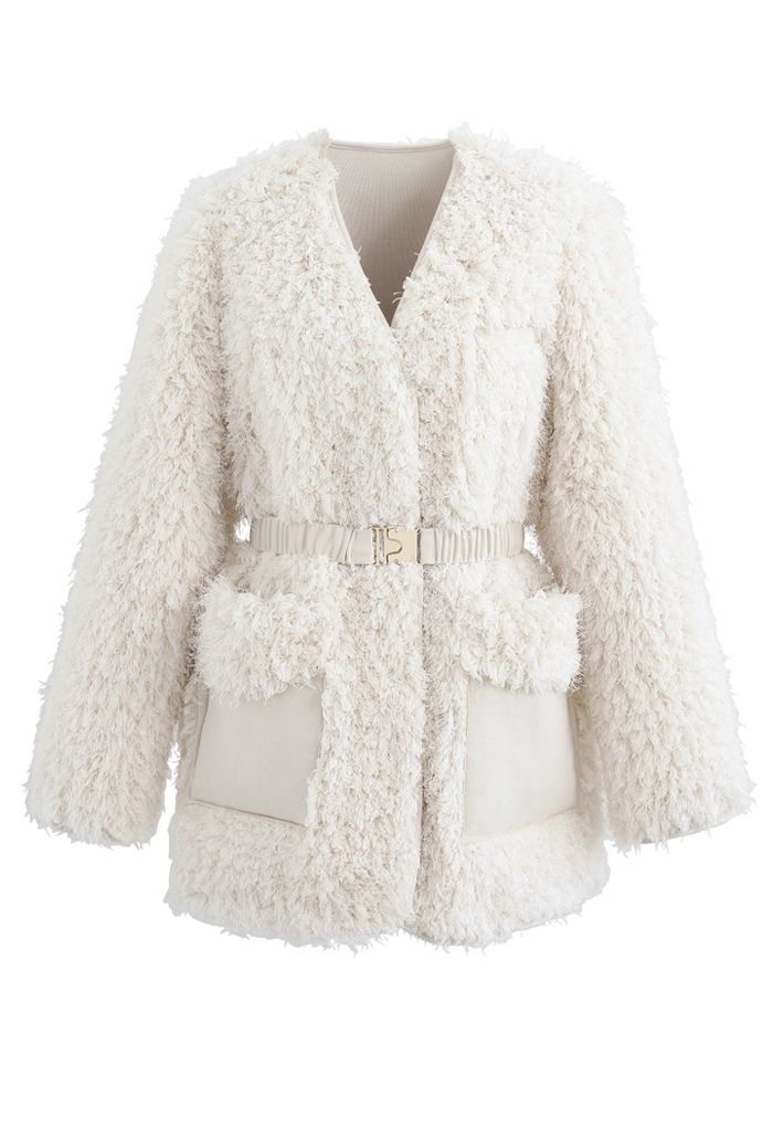 Collarless Fluffy Teddy Suede Coat in Ivory - Retro, Indie and Unique ...