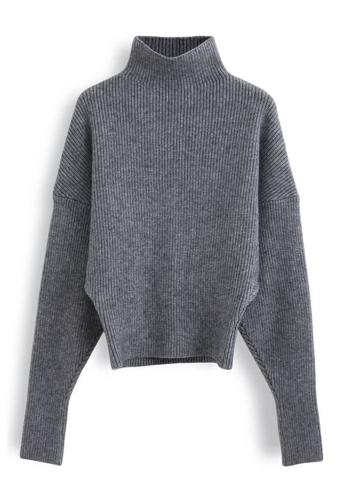 Batwing Sleeves Turtleneck Rib Knit Sweater in Grey - Retro, Indie and ...