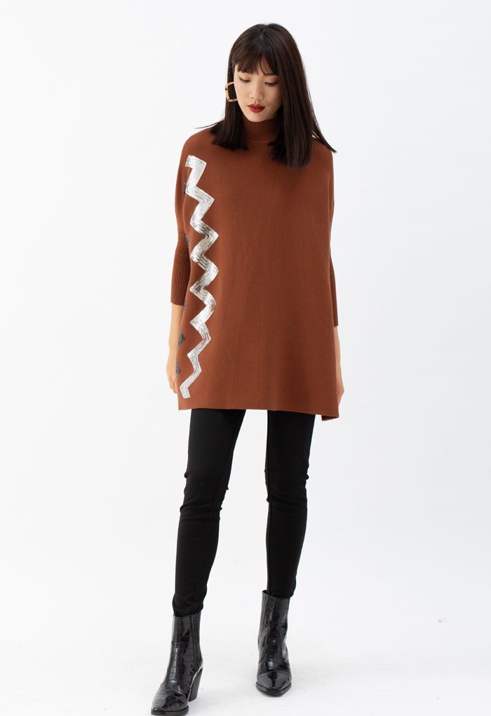 Zigzag Sequins Knit Cape Sweater in Caramel