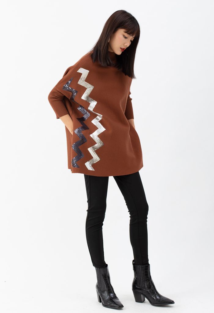 Zigzag Sequins Knit Cape Sweater in Caramel