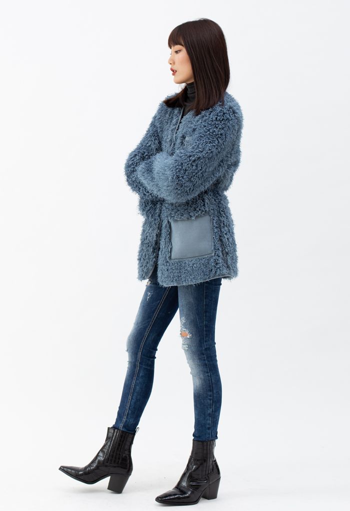 Collarless Fluffy Teddy Suede Coat in Teal