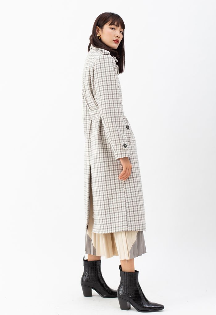 Wool-Blend Check Buttoned Longline Coat