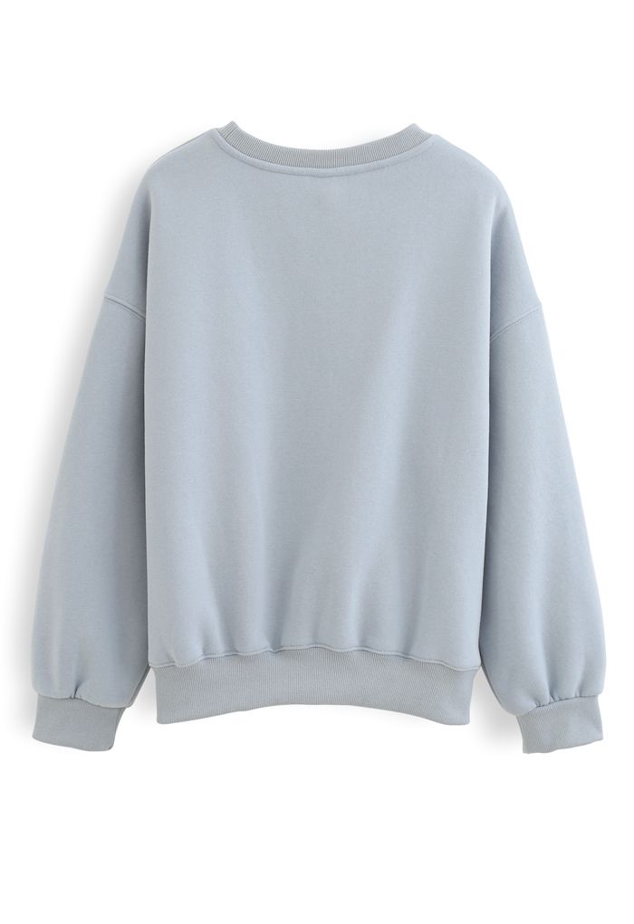 Amore Printed Fleece Sweatshirt in Blue - Retro, Indie and Unique Fashion