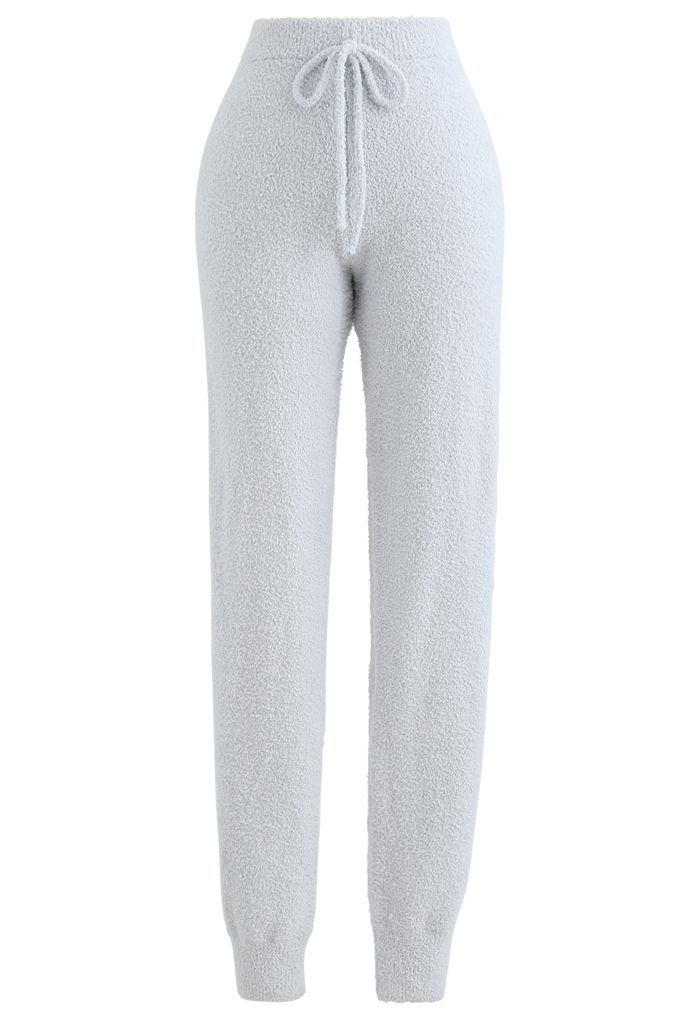 Fluffy Knit Crop Top and Drawstring Joggers Set in Light Blue