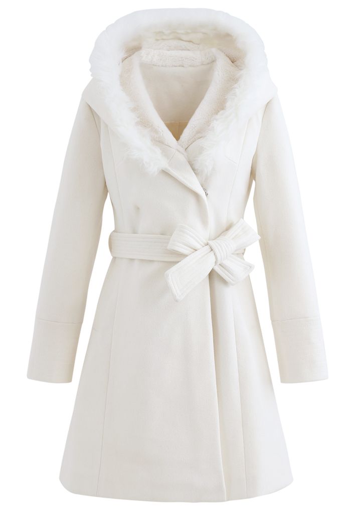 Faux Fur Hooded Wool-Blend Flare Coat in White - Retro, Indie and ...