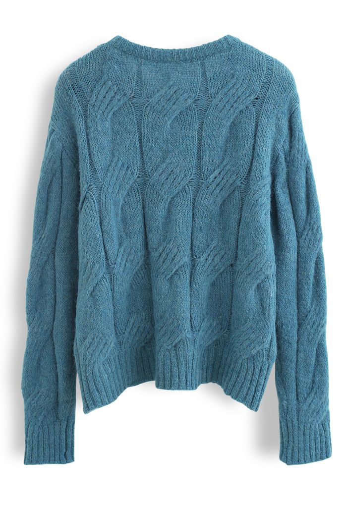 Fuzzy Crew Neck Cable Knit Sweater in Teal - Retro, Indie and Unique ...